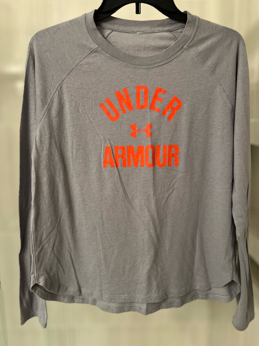 Under Armour Gray Orange Spellout Raglan Long Sleeve Shirt Womens